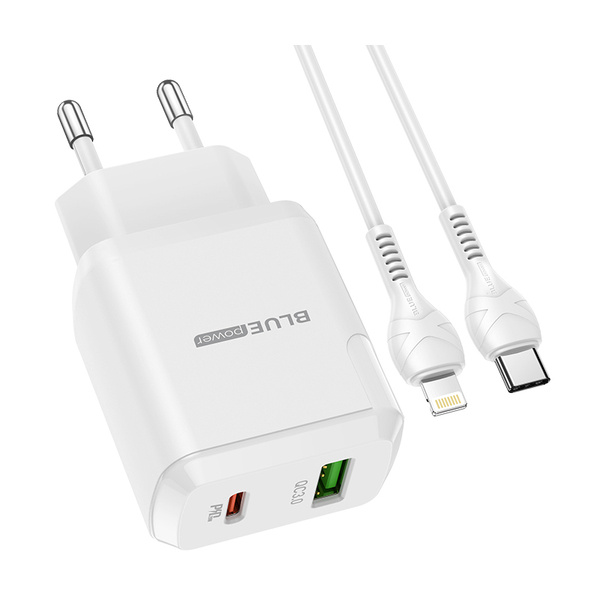 BLUE POWER ŁADOWARKA SIECIOWA PD20W+QC3.0 KABEL LIGHTNING BIAŁY