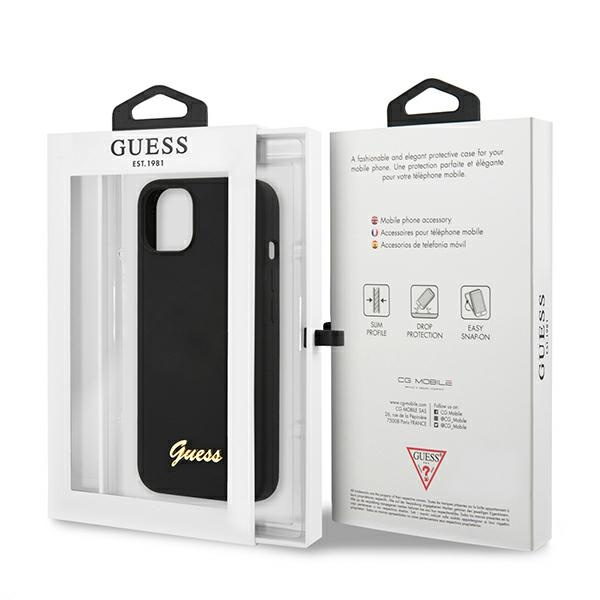 Guess GUHMP13MLSLMGBK iPhone 13 / 14 /6.1" black/czarny hardcase Silicone Script Gold Logo Magsafe