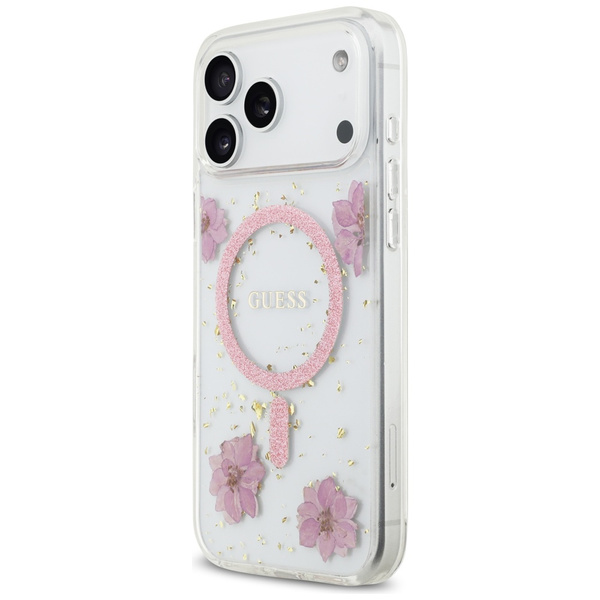 Etui Guess Resin Flowers Glitter MagSafe do iPhone 17 Pro Max różowy