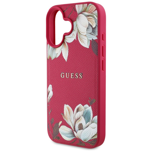Etui Guess Grained Printed Flower Pattern MagSafe do iPhone 16 fuksja