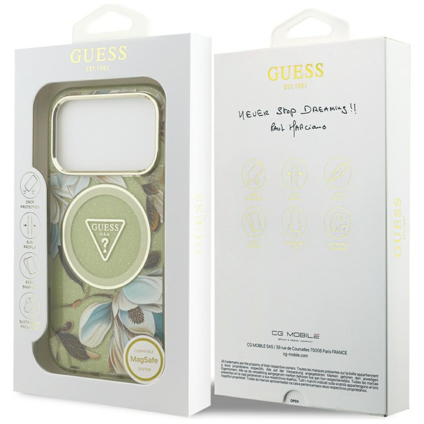 Etui Guess IML Glitter Flowers Triangle  MagSafe do iPhone 17 Pro Max zielony