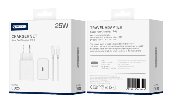 JELLICO ładowarka sieciowa EU25 PD 25W 1xUSB-C + kabel USB-C - USB-C Biały