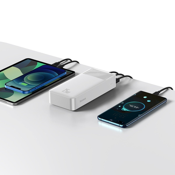 Baseus Bipow powerbank z wyświetlaczem 30000mAh 15W biały (Overseas Edition) + kabel USB-A - Micro USB 0.25m biały (PPBD050202)