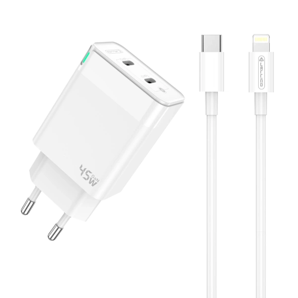JELLICO ładowarka sieciowa C106 GaN PD 45W 2xUSB-C + kabel USB-C - Lightning Biały