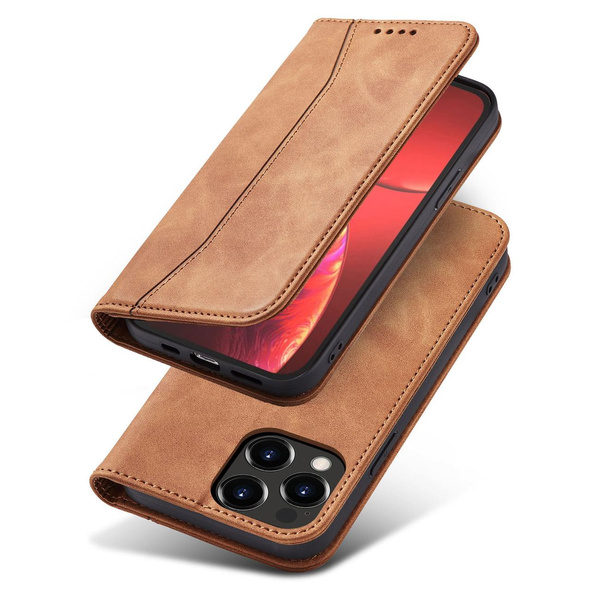 MAGNET FANCY CASE CASE FOR IPHONE 13 PRO COVER CARD WALLET CARD STAND BROWN