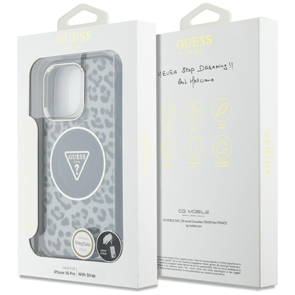 Etui Guess HC IML Leopard Triangle Cord  Strap do iPhone 16 Pro MagSafe czarny