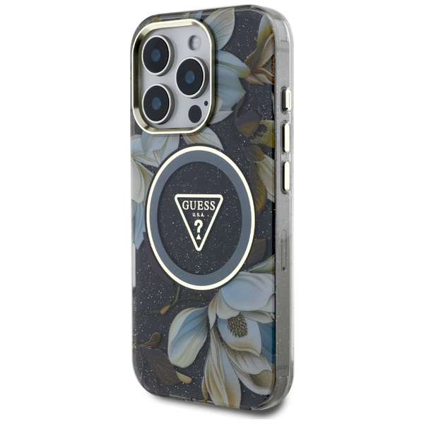 Etui Guess Glitter Flowers Triangle      Buttons MagSafe do iPhone 16 Pro czarny