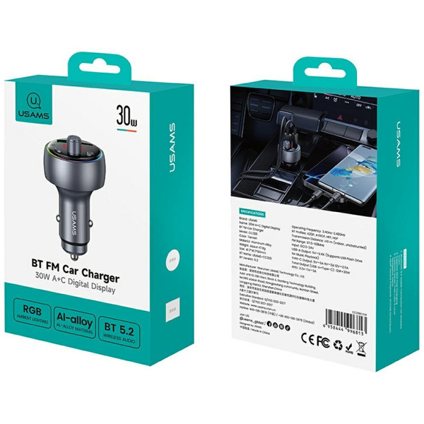Ładowarka samochodowa USAMS CC328 30W 1xUSB-A 1xUSB-C Bluetooth FM tarnish