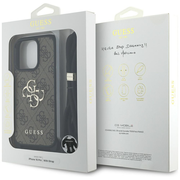 Etui Guess 4G Big Logo Cord Stap          Crossbody do iPhone 16 Pro brązowy