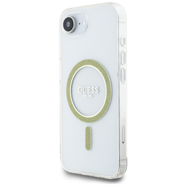 Etui Guess IML Glitter Circle MagSafe do iPhone 16e przezroczysty