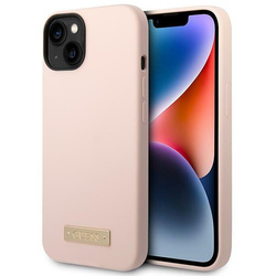 Guess GUHMP14MSBPLP iPhone 14 Plus/ 15 Plus 6.7" różowy/pink hard case Silicone Logo Plate MagSafe