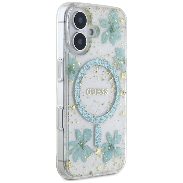 Etui Guess Resin Flowers Glitter MagSafe do iPhone 16 turkusowy