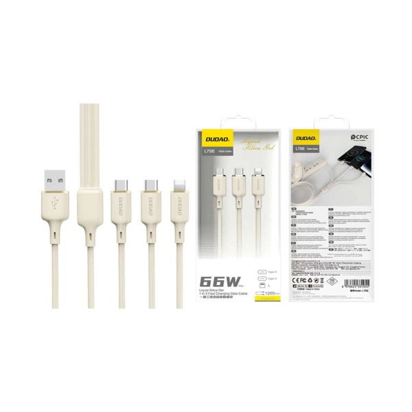 Kabel 3w1 Dudao L7SE USB-A - 2x USB-C / Lightning 66W 1.2m - beżowy