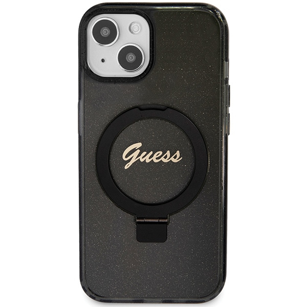 GUESS GUHMP13MHRSGSK IPHONE 13 / 14 / 15 6.1" CZARNY/BLACK HARDCASE RING STAND SCRIPT GLITTER MAGSAFE