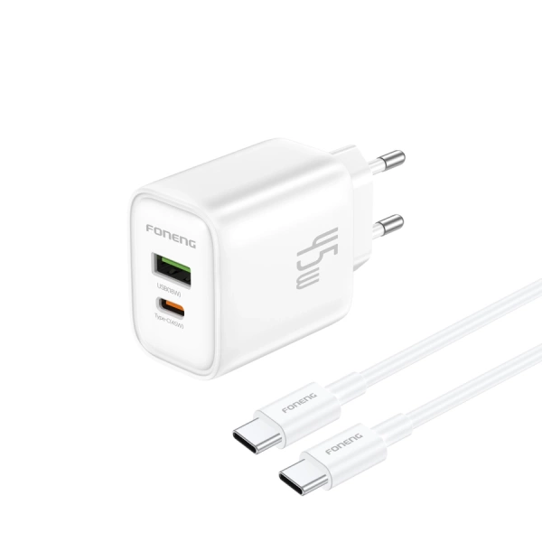 FONENG wall charger EU67 PD 45W 1xUSB-C + 1xUSB QC3.0 + cable USB-C - USB-C White