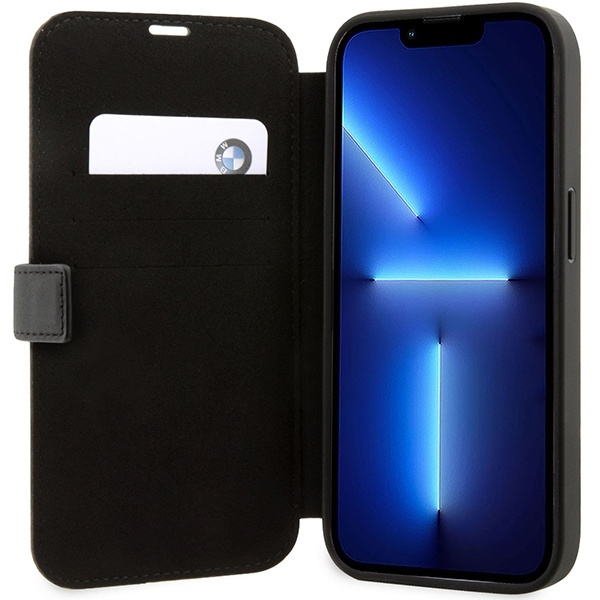 Case BMW BMBKP14X22RDPK iPhone 14 Pro Max 6.7" black/black bookcase Leather Textured&Stripe
