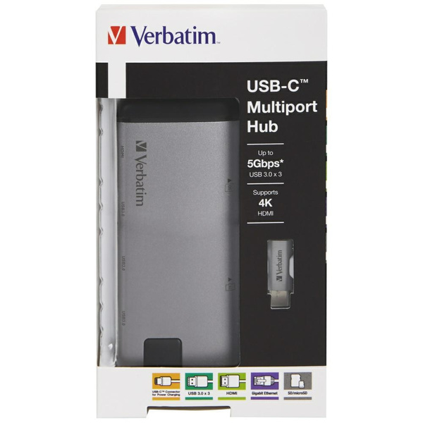 Verbatim Adapter Hub USB-C - USB-C/      3xUSB-A 3.0/HDMI/Eternet/SD/microSD aluminiowy/aluminum 49142