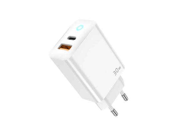 JELLICO wall charger EU13 GaN PD 30W 1xUSB-C + 1xUSB QC3.0 + cable USB-C - Lightning White