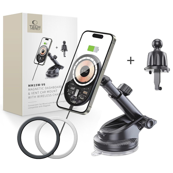 Uchwyt TECH-PROTECT MM15W-V6 MAGNETIC MAGSAFE DASHBOARD & VENT CAR MOUNT WIRELESS CHARGER 15W BLACK