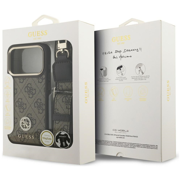 Etui Guess 4G Strass Logo & Big Strap    Metal Buttons MagSafe do iPhone 17 Pro brązowy