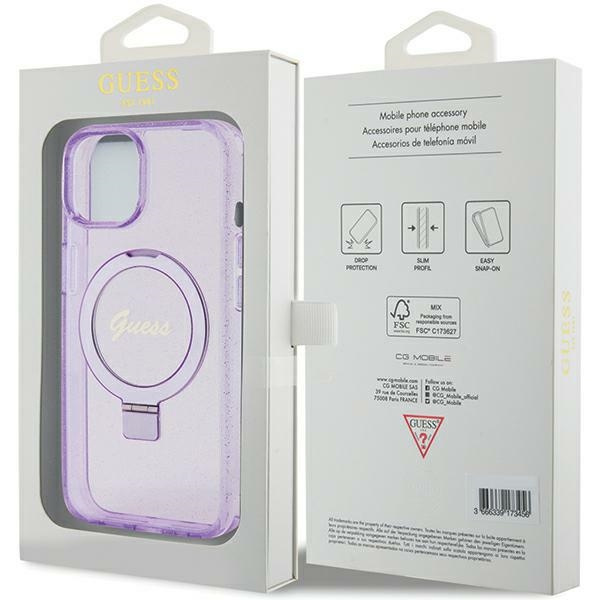 Guess GUHMP15MHRSGSU iPhone 15 Plus / 14 Plus 6.7" fioletowy/purple hardcase Ring Stand Script Glitter MagSafe