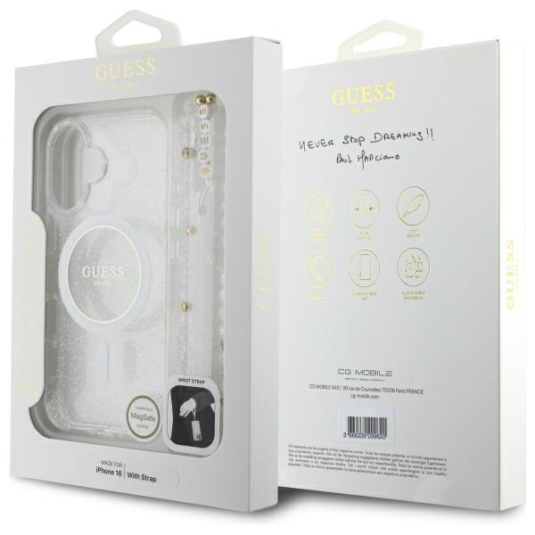 Guess GUHMP16MHGCRELST iPhone 16 Plus6.7" przeźroczysty/transparent hardcase IML Glitter With Pearl Strap MagSafe