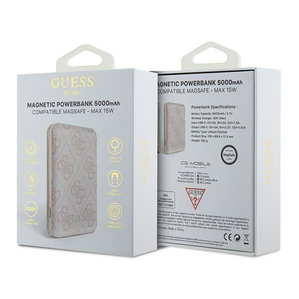 Guess Powerbank indukcyjny 15WGUPB5FP4EMGP 5000mAh różowy/pink 4G Leather Metal Logo MagSafe