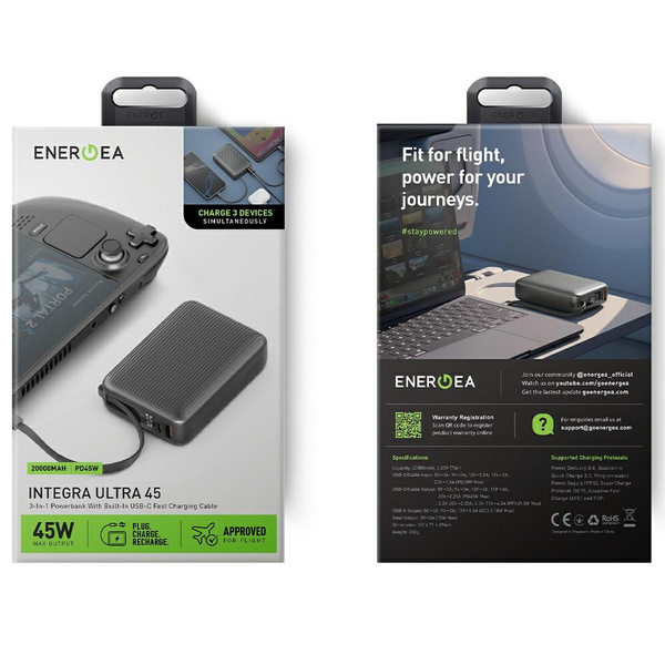 PowerBank Energea Integra Ultra 45       20000mAh kabel USB-C PD45W szary