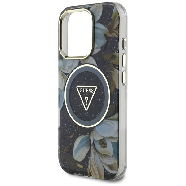 Etui Guess Glitter Flowers Triangle      Buttons MagSafe do iPhone 16 Pro czarny