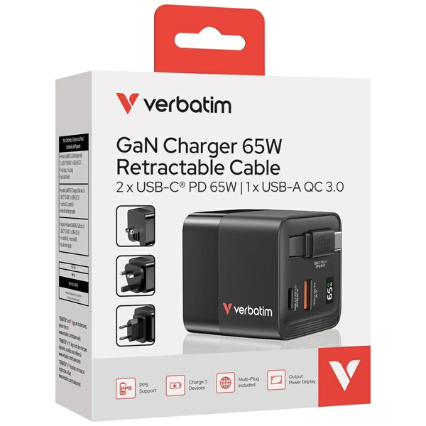 Verbatim Ładowarka sieciowa GaN 65W      2xUSB-C/USB-A + Adapter EU/UK/US czarny/black 32217