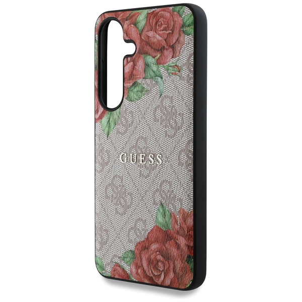 Etui Guess Leather 4G Flowers Print      Metal Classic Logo MagSafe Samsung Galaxy S25 różowy
