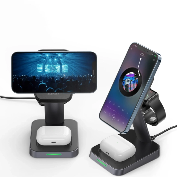 Acefast bezprzewodowa ładowarka Qi 15W do iPhone (z MagSafe), Apple Watch i Apple AirPods stojak podstawka uchwyt magnetyczny czarny (E3 black)