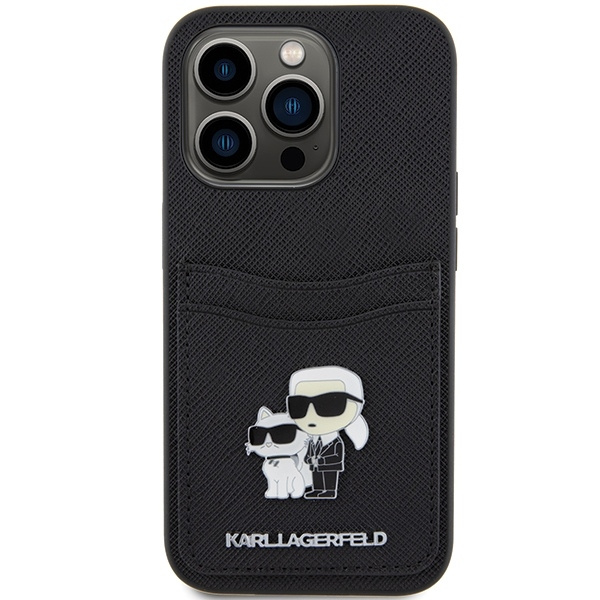 Etui Karl Lagerfeld Saffiano Cardslot Karl&Choupette Metal Pin do iPhone 15 Pro - czarne