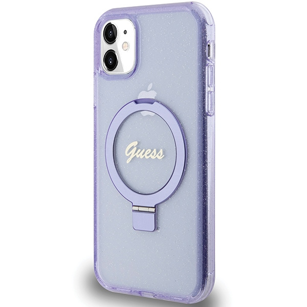 Guess GUHMN61HRSGSU iPhone 11 / Xr 6.1" fioletowy/purple hardcase Ring Stand Script Glitter MagSafe