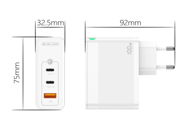 JELLICO ładowarka sieciowa C118 GaN PD 100W 2xUSB-C + 1xUSB QC3.0 Biały