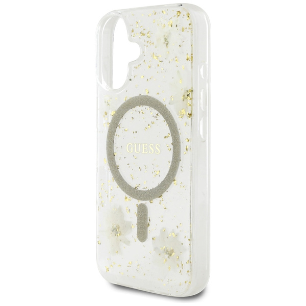 Etui Guess Resin Flowers Glitter MagSafe do iPhone 16 beżowy