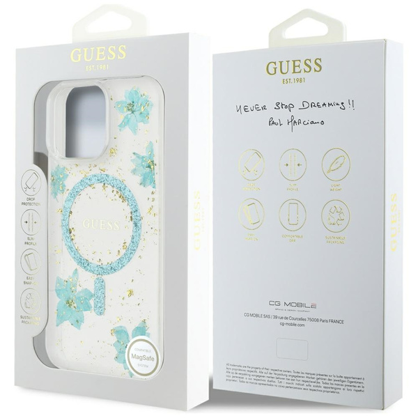 Etui Guess Resin Flowers Glitter MagSafe do iPhone 16 Pro turkusowy