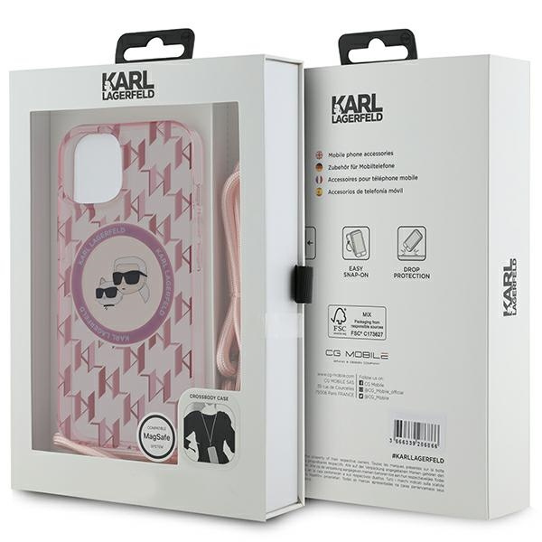 KARL LAGERFELD KLHMP15SHCKCKLCP IPHONE 15 / 14 / 13 6.1" PINK/PINK HARDCASE IML CROSSBODY MONOGRAM KARL & CHOUPETTE HEAD MAGSAFE