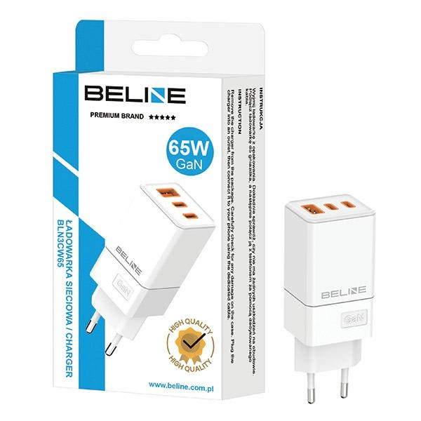 Beline Ład. siec. 2x USB-C + 1x USB 65W biały/white (only head) PD 3.0 + QC 3.0  BLN3CW65 GaN