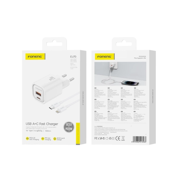 FONENG wall charger EU70 PD 20W 1xUSB-C + 1xUSB QC3.0 + cable USB-C - Lightning White