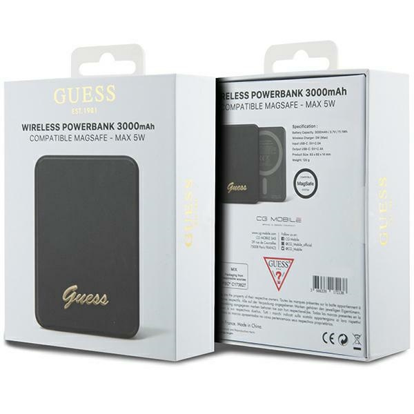 Guess Powerbank indukcyjny 5WGUPBM3ALGSGK 3000mAh czarny/black MagSafe Metal Script Logo