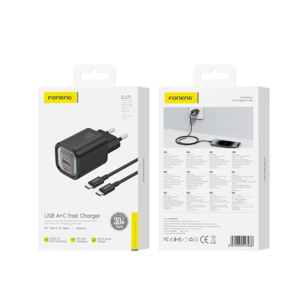 FONENG wall charger EU71 PD 30W 1xUSB-C + 1xUSB QC3.0 + cable USB-C - USB-C Black