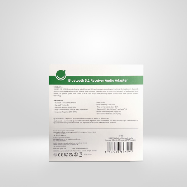 UGREEN ADAPTER RECEIVER BLUETOOTH 5.0 APTX 2RCA / 3.5MM MINI JACK BLACK (40759)