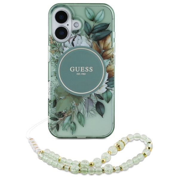 Guess GUHMP16MHFWBRCESN iPhone 16 Plus6.7" zielony/green hardcase IML Flowers With Pearl Strap MagSafe