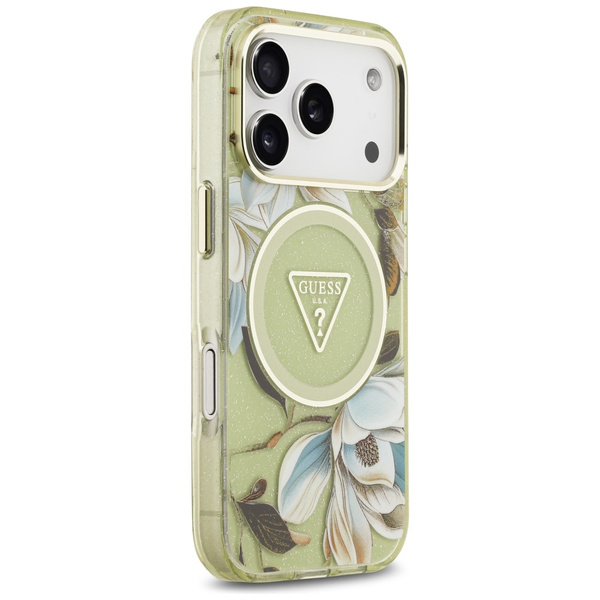 Etui Guess IML Glitter Flowers Triangle  MagSafe do iPhone 17 Pro Max zielony
