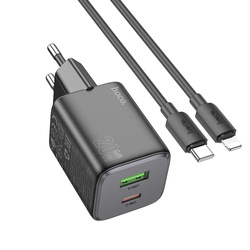 Ładowarka sieciowa do telefonu Hoco USB A + USB C QC PD 3A 20W + kabel USB C do Lightning N41 czarna
