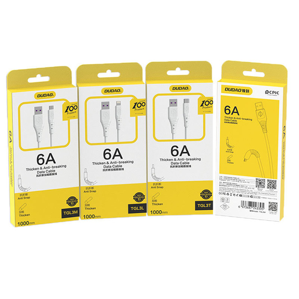 Dudao kabel przewód USB – USB Typ C 6A 1 m biały (TGL3T)