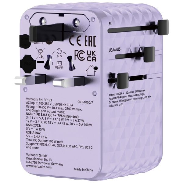 Verbatim Adapter podróżny EU/UK/US GaN   2xUSB-C/2xUSB-A/1xUSB-C PD 100W fioletowy 30193