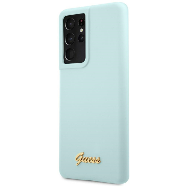 Guess GUHCS21LLSLMGLB S21 Ultra G998 niebieski/blue hardcase Silicone Script Metal Logo