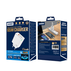 JELLICO ładowarka sieciowa C79 GaN PD 65W 2xUSB-C + 1xUSB QC3.0 + kabel USB-C - Lightning Biały